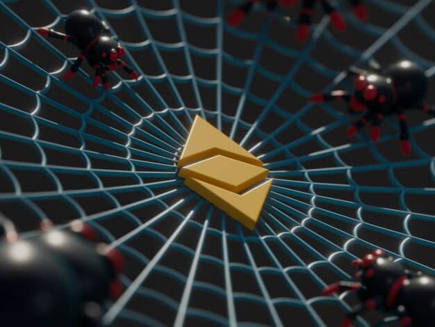 A depiction of various digital currencies, with a prominent Ethereum logo, held securely within a stylized digital lock, indicating the concept of staking and security. The background includes subtle US flag elements.