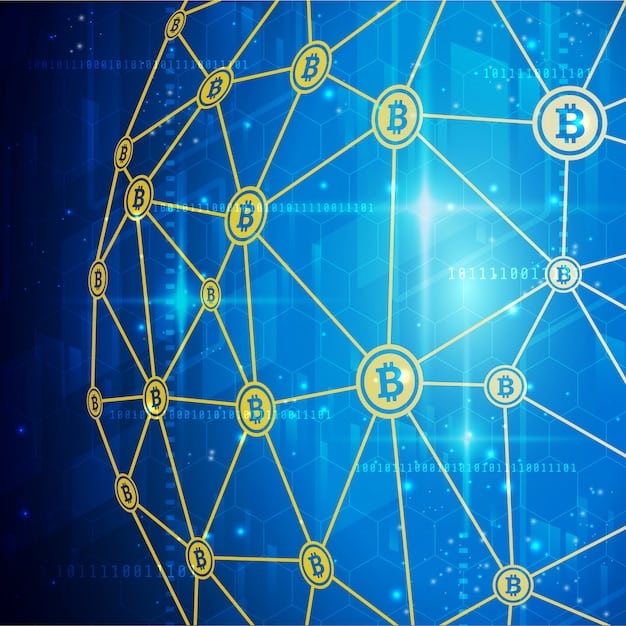 A digital illustration of interconnected blockchain nodes forming a network, with various cryptocurrency logos emanating from them.