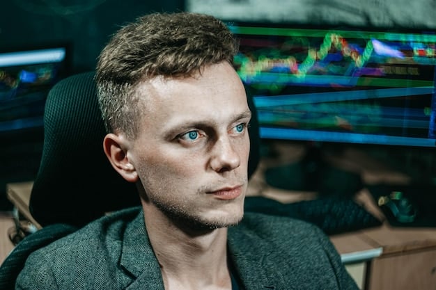A close-up of a concerned investor's face, staring at multiple charts on a computer screen, signifying the inherent risks and complexities of crypto trading bots.