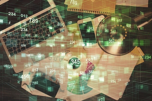 A detailed financial chart overlaid with tax forms and a calculator, emphasizing the tax and legal complexities for US crypto investors using trading bots.