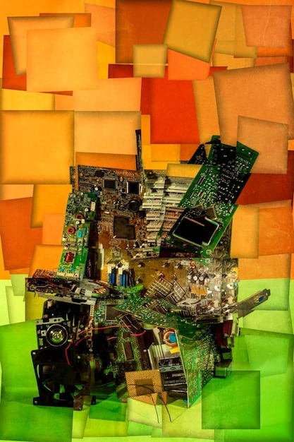 A depiction of discarded computer components and circuit boards piled up, symbolizing electronic waste from cryptocurrency mining, with a distressed earth in the background.