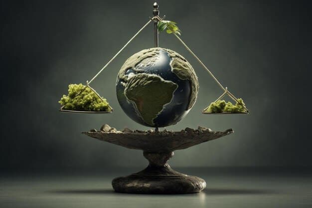 A balanced scale with cryptocurrency symbols on one side and a healthy planet Earth on the other, representing the ongoing effort to balance innovation with environmental responsibility.