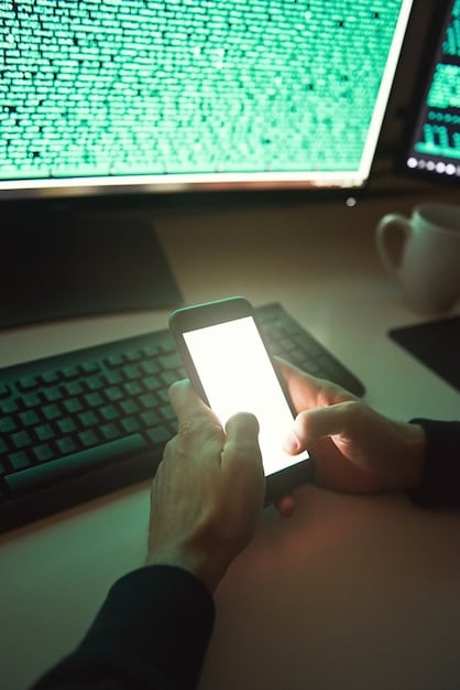 A close-up of a smartphone screen displaying a fake cryptocurrency exchange website, with a blurred background of a person's hand typing on a keyboard, to convey the act of falling victim to a scam.