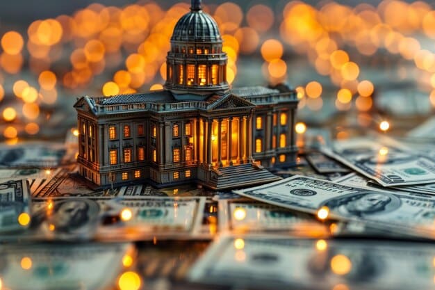 A Federal Reserve building with dollar bills and coins floating around, symbolizing monetary policy and its impact on the economy.