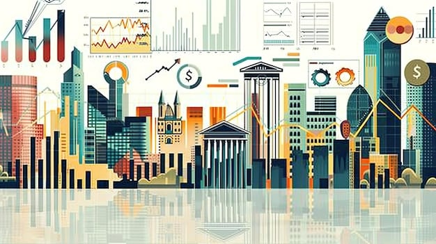A stylized depiction of central bank building with graphs showing fluctuating interest rates and bond yields in the foreground, indicating monetary policy decisions.