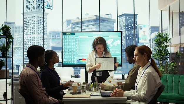 A diverse group of business professionals in a modern office collaborating around a large monitor displaying positive financial charts and growth metrics, symbolizing favorable investor sentiment and collaborative review.