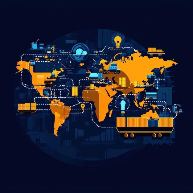 A detailed world map with connecting lines and various shipping containers, symbolizing global trade and normalized supply chains, promoting economic recovery.