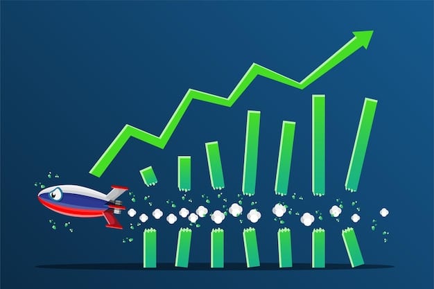 A stylized chart showing economic growth trends (GDP) and inflation rates diverging or converging, with various market indicators around it.