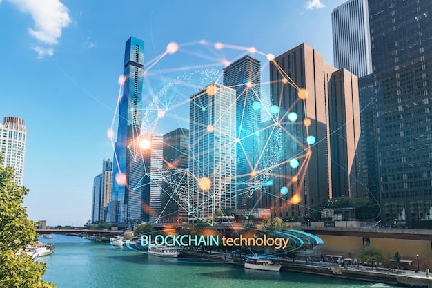 A futuristic cityscape with blockchain network lines connecting buildings, symbolizing the integration of staking into a mature financial ecosystem and the growth of the crypto market.